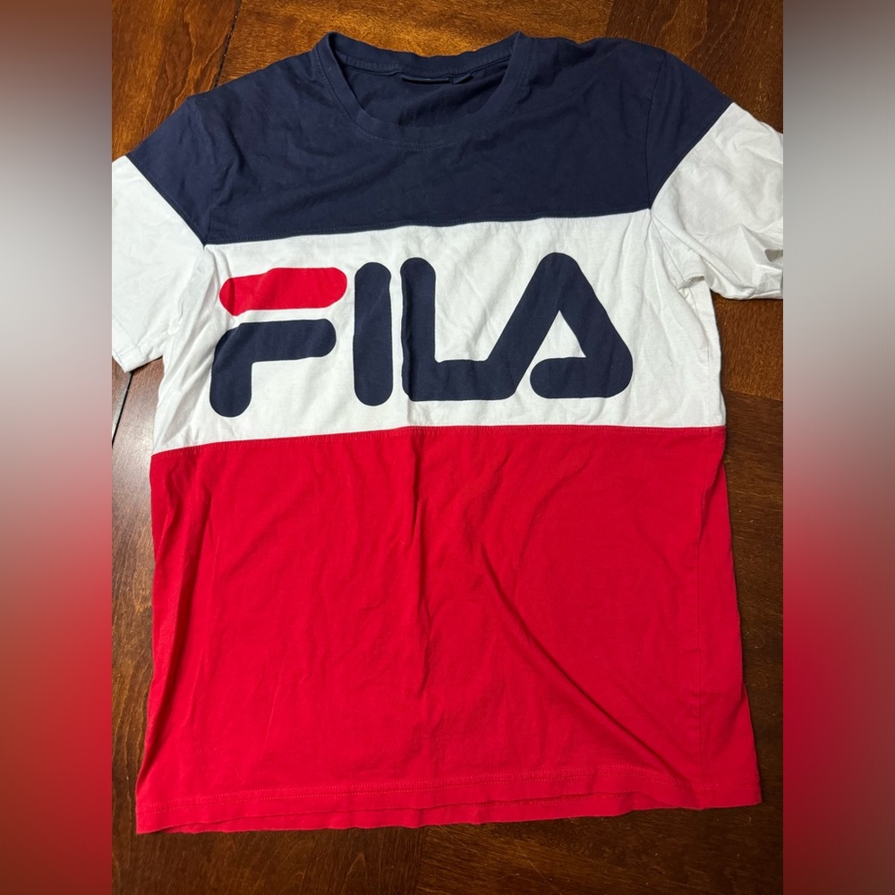 Men’s Red Navy and White Fila Colour block T-Shirt - Size L